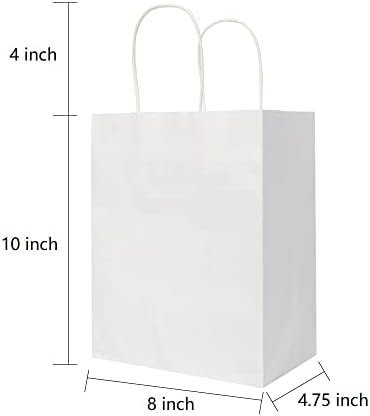 Oikss 100 Pack 8x4.75x10 Inch Medium White Kraft Paper Bags with Handles Bulk for Birthday Wedding Party Favors Grocery Retail Shopping Business Takeout Goody Craft Gift Bags Sacks, (100pcs Count)