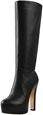 richealnini Women's Low Platform Block High Heel Knee High Boots with Zipper
