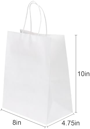 Joybe 200 Pack 8x4.75x10 Inch Medium White Kraft Paper Bags with Handles Bulk, Craft Paper Gift Bags for Party Favors Grocery Retail Shopping Business Goody Merchandise Take Out Blank Sacks (200pcs)