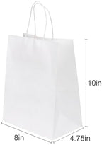 Joybe 50 Pack 8x4.75x10 Inch Medium White Kraft Paper Bags with Handles Bulk, Craft Paper Gift Bags for Party Favors Grocery Retail Shopping Business Goody Merchandise Take Out Blank Sacks (50pcs)