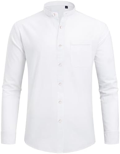 J.VER Men's Cotton Linen Long Sleeve Shirts Casual Button Down Banded Collar Shirt Beach Summer Tops with Pocket