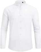 J.VER Men's Cotton Linen Long Sleeve Shirts Casual Button Down Banded Collar Shirt Beach Summer Tops with Pocket