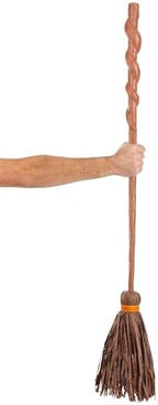 Spiral Witch Broom for Halloween - 3 Piece Plastic Broomstick with Raffia and Poly Wrap, 52 Inches - Brown