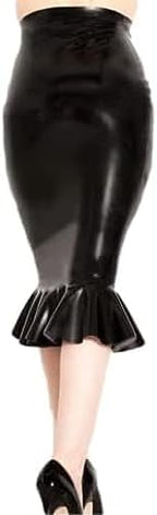 Black Sexy Long Latex Skirts with Ruffles Without Zipper Rubber Bottoms,Black,M