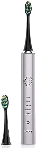 Voom Sonic Pro 7 Rechargeable Electronic Toothbrush + Pro 7 Series Replacement Brush Heads - 2-Minute Timer with Quadrant Pacing & 5 Adjustable Speeds,Soft Dupont Nylon Bristles Oral Care - Sliver