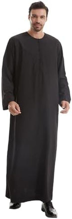IWEMEK Men Muslim Thobe Long Sleeve Kaftan Robe with Pockets Saudi Arabic Thobe Ramadan Middle East Dubai Islamic Abaya Dress
