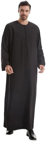 IWEMEK Men Muslim Thobe Long Sleeve Kaftan Robe with Pockets Saudi Arabic Thobe Ramadan Middle East Dubai Islamic Abaya Dress