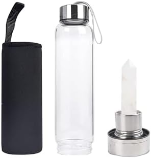 Clear Quartz Crystal Water Bottle, Stainless Steel Glass White Gemstone Obelisk Wand Energy Cup Sports Cup, Natural Wellness Healing 550ml