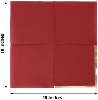 100 Count Burgundy 2-Ply Paper Beverage Napkins with Gold Foil Edge, Soft Disposable Cocktail Napkins 18 GSM - 5"x5"