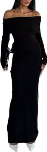 LOUSEA Womens Off The Shoulder Sweater Dress Stripes Print Long Sleeve Fall Maxi Dress Knitted Bodycon Dresses