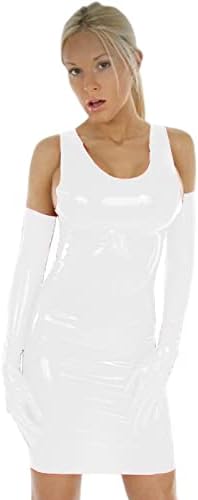 Plus Size PVC Mini Tank Dress Sexy PU Patent Leather Sheath Dress Mini Slim Latex Nightclub Dresses with Gloves,White,M
