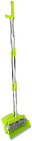 Extendable Long Handle Broom and Dustpan Set, Stainless Lightweight Upright Standing Broom and Dustpan Combo for Kitchen Lobby Office Living Room Household Indoor or Outside (Green)