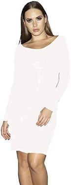Long Sleeve Women Dress Faux Leather Pencil Dress for Women Fashion O-Neck Elegant Dresses Sexy Slim Bodycon Dress Plus Size,White,XXXL