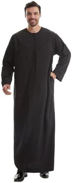 IWEMEK Men Muslim Thobe Long Sleeve Kaftan Robe with Pockets Saudi Arabic Thobe Ramadan Middle East Dubai Islamic Abaya Dress