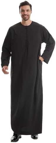 IWEMEK Men Muslim Thobe Long Sleeve Kaftan Robe with Pockets Saudi Arabic Thobe Ramadan Middle East Dubai Islamic Abaya Dress