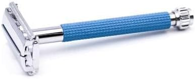 Parker 29L Blue, Long Handle Butterfly Open Double Edge Safety Razor for Men & Women, 5 Parker Premium Platinum Double Edge Razor Blades Included