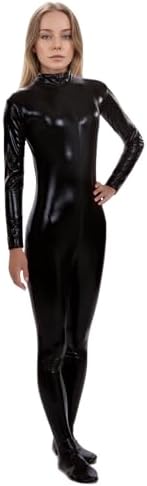 ATHX Women's Shiny Metallic Wet Look Bodysuit Costume Halloween Cosplay Front Zipper Skin Zentai Suit