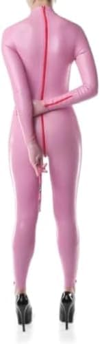 Pink Latex Rubber Women Catsuit with Wrist and Ankle Zips Plus Size Customized Tight Bodysuit