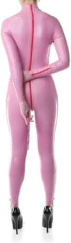 Pink Latex Rubber Women Catsuit with Wrist and Ankle Zips Plus Size Customized Tight Bodysuit