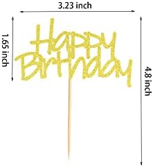 24pcs Happy Birthday Cupcake Toppers Pre-Assembled Gold Glitter Cake Food Fruit Picks for Celebrating Birthday Party Decoration Supplies