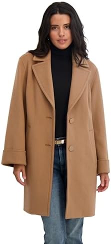 TAHARI Womens Relaxed Double-faced Soft Wool Topper Coat With Front Buttons, Roll Cuffs & Pick Stitch Detail