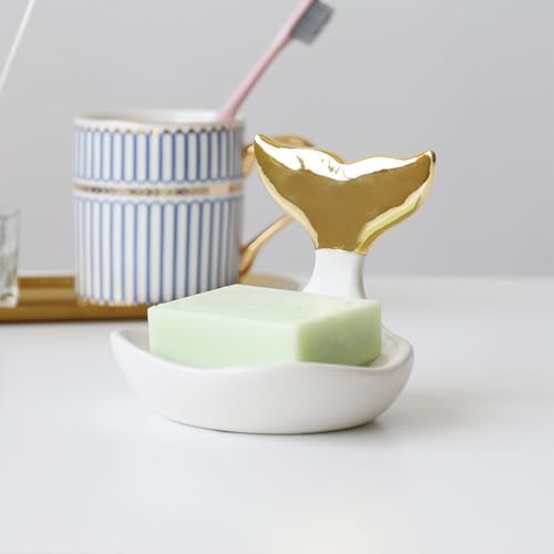 Zerodeko Modern Fishtail Soap Box Ceramic Soap Holder with Draining Tray and Ring Storage for Bathroom Sink and Kitchen Counter 4.72X3.93X3.93 Inches
