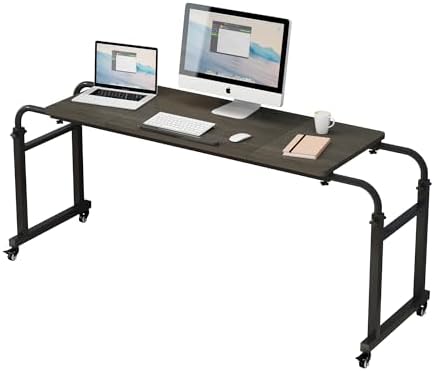 TigerDad Tilt Overbed Table with Wheels, Height Adjustable Rolling Desk for King Queen Bed, Tilting Laptop Cart Mobile Computer Workstation, Dekuwood