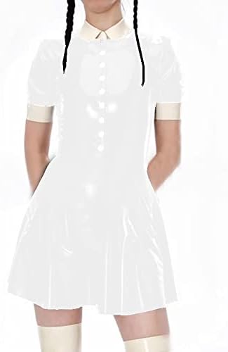Female Turndown Collar Leather Dress Casual Short Sleeve Mini Dress Buttons PVC Dress,White,M
