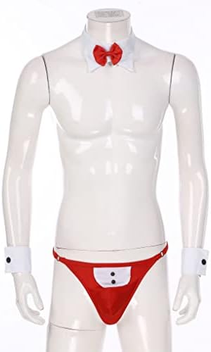 JanJean Mens 3Pcs Waiter Lingerie Set Tuxedo Thong with Bow Tie Collar and Cuff Underwear Set