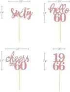 24 Pcs Glitter 60th Birthday Cupcake Toppers for Celebrating Sixty Years Old Birthday Party Decorations (Rose Gold)
