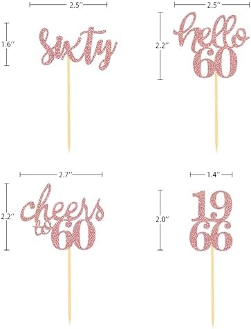 24 Pcs Glitter 60th Birthday Cupcake Toppers for Celebrating Sixty Years Old Birthday Party Decorations (Rose Gold)