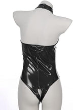 YiZYiF Women's Sleeveless Wet Look Glossy Patent Leather Catsuit Hollowing Out High Cut Bodysuit