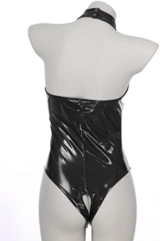 YiZYiF Women's Sleeveless Wet Look Glossy Patent Leather Catsuit Hollowing Out High Cut Bodysuit