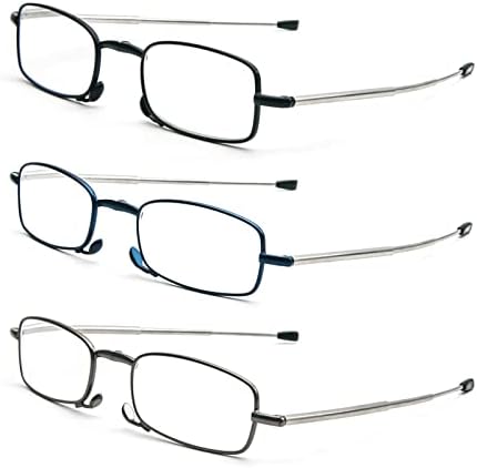 3 Pack Folding Reading Glasses with Keychain Compact Bags Women Men Blue Light Blocking Spring Hinge Portable Pocket Readers,Black Grey and Blue 2.0