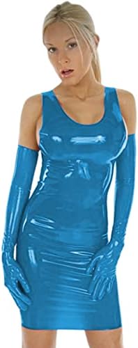 Plus Size PVC Mini Tank Dress Sexy PU Patent Leather Sheath Dress Mini Low Cut Slim Latex Nightclub Dresses with Gloves,Lake Blue,XXL