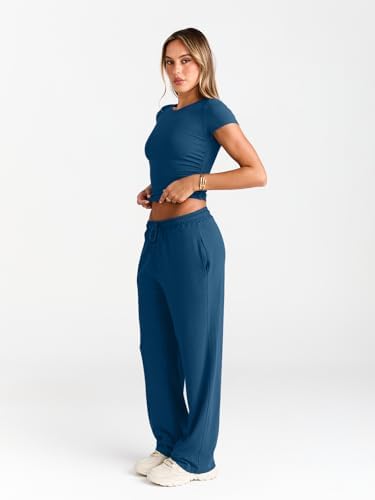 Trendy Queen 2 Piece Matching Summer Sweatsuit Lounge Set Womens Wide Leg Pants Side Ruching Crop Top Sets