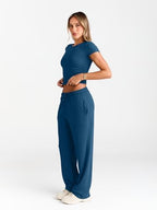 Trendy Queen 2 Piece Matching Summer Sweatsuit Lounge Set Womens Wide Leg Pants Side Ruching Crop Top Sets