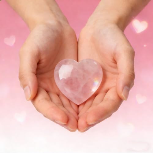 ideayard 45mm Rose Quartz Heart, Crystal Stone 1pcs Puff Heart, Love Palm Healing Stone Reiki Crystal Gemstone Worry Stones for Anxiety