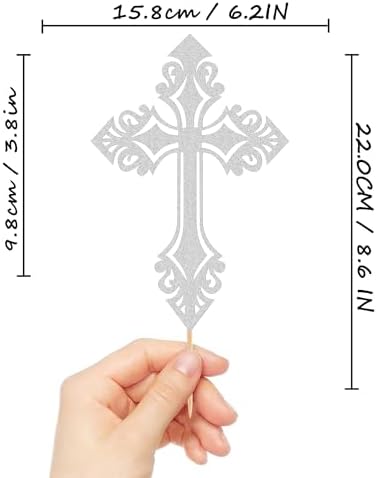 Cross Cake Topper - Glitter Silver Baptism Cake Decor for Baby Shower, God Bless or Holy Communion (Silver)