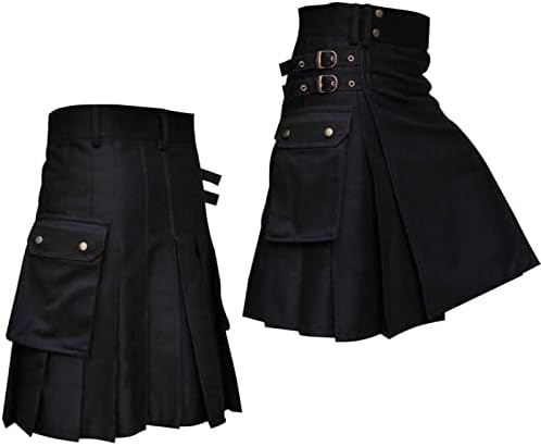 Mens Scottish Kilts Traditional Highland Tartan Utility Kilt High Waist Buckle Strap Pleated Skirt with Cargo Pockets