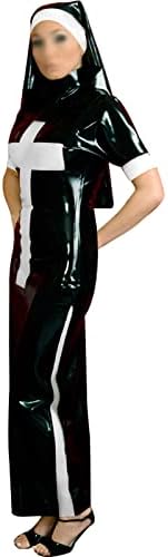 Natural latexLong Latex Dress with Nun Habit Trims at Sides HeadgearCross Zip Back Rubber Uniform Bodycon Playsuit