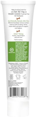 Desert Essence Fluoride-Free Toothpaste Gel for Kids - Tutti Frutti Flavor - Safe for Toddlers and Babies - Gluten-Free, SLS-Free, Non-Fluoride - Safe to Swallow with Xylitol and Aloe, 4.7oz