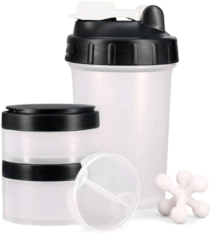 Hydro2Go 16oz Protein Shaker Bottle with Shaker Ball and 2 Storage Jars | BPA-Free Plastic Cup with Clear Measurement Scale | Perfect for Protein Mixes and Pills | Portable Pre-Workout Drink Cup Black