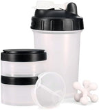 Hydro2Go 16oz Protein Shaker Bottle with Shaker Ball and 2 Storage Jars | BPA-Free Plastic Cup with Clear Measurement Scale | Perfect for Protein Mixes and Pills | Portable Pre-Workout Drink Cup Black