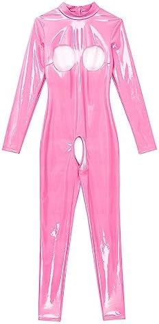 easyforever Women Sexy Hollow Out Bodysuit Lingerie Clubwear Patent Leather Invisible Zipper Latex Catsuit