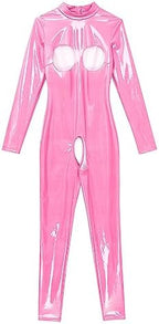 easyforever Women Sexy Hollow Out Bodysuit Lingerie Clubwear Patent Leather Invisible Zipper Latex Catsuit