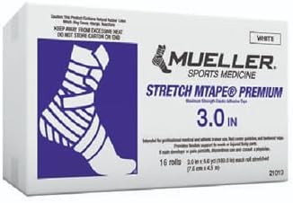 Mueller Stretch MTape® Premium Elastic Athletic Tape, 3″ × 5 yd, White – Box of 16 Rolls – Maximum Strength – Part # 21013