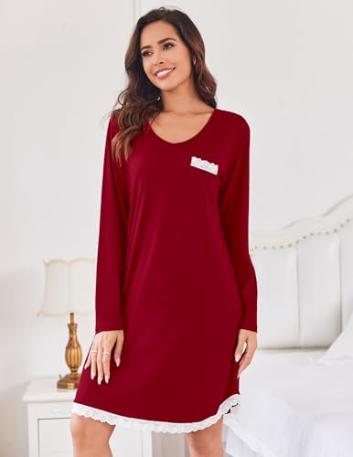 Ekouaer Womens Long Sleeve Nightgowns V Neck Sleepshirts Lace Nightshirts Casual T-shirt Sleep Dress with Pocket
