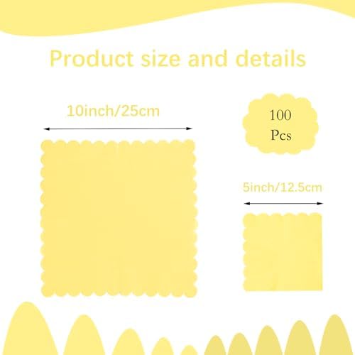 100 Pieces 2-ply Light Yellow Napkin Disposable Scalloped Cocktail Napkins Beverage Napkins Dessert Napkins Paper Napkins for Dinner Wedding Birthday Party Bridal Anniversary Reception Event (Yellow)