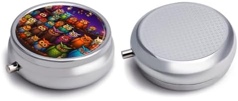 Cute Owl Metal Round Pill Box, 3 Compartment Travel Organizer, Portable Pill Container with Secure Latch, 2 Inch Circular Vitamin Caddy for Pills and Vitamins, Gift for Him Her Elderly